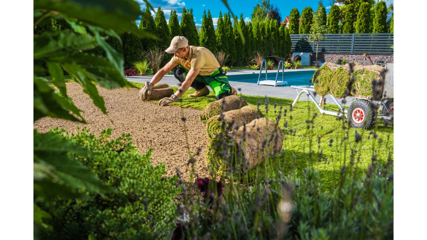 Man from landscape design services restoring backyard garden grass turfs