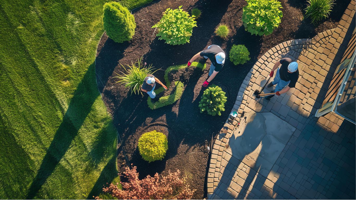 three workers of landscaping services garden planting bushes flowers