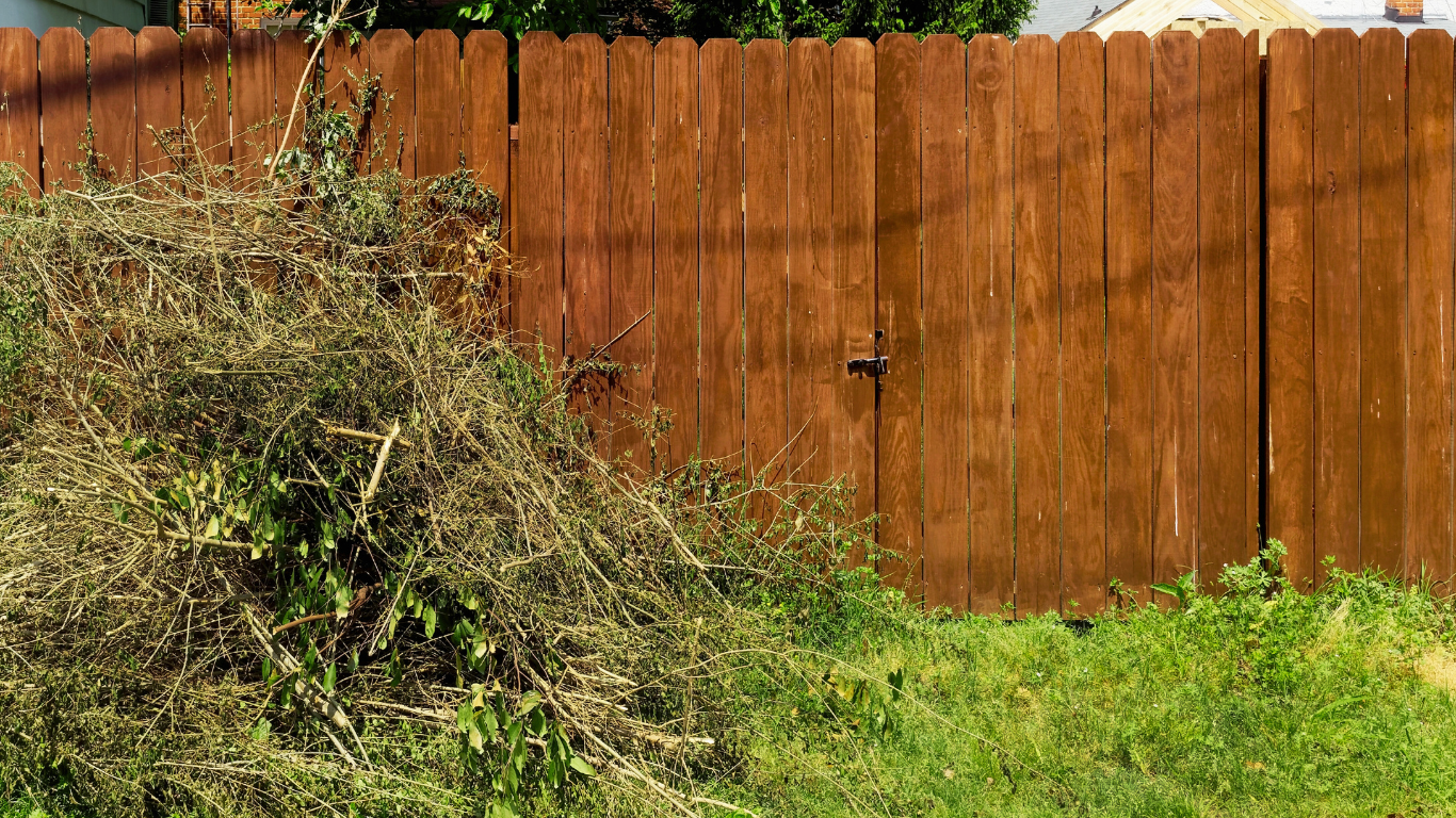 A pile of dried branches and tree debris sits against a wooden backyard fence, highlighting the need for timely cleanup to maintain a tidy Florida yard.
